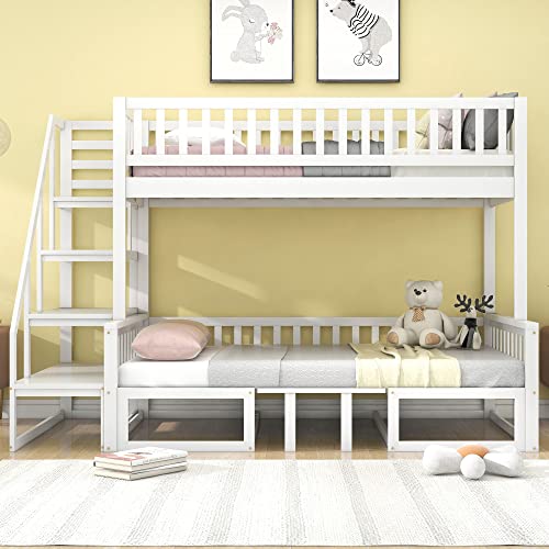 REXO Platzsparendes 90x200cm&120x200cm Etagenbett mit Treppe, mit verstellbarem Tisch, mit Holzsofa, Robustes Kieferholzgestell, Weiß von REXO