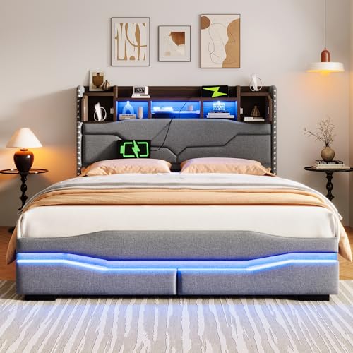 REXO Polsterbett,140x200cm,mit USB c Steckdose Ladefunktion, ferngesteuerte Ambiente-Lichtleiste unter dem Bett, Kopfteil mit Staufach, Hydraulisch Stauraumbett,Mit LED-Leuch,Grau von REXO