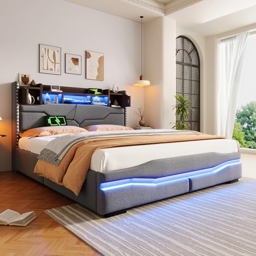 REXO Polsterbett,160x200cm,mit USB c Steckdose Ladefunktion, ferngesteuerte Ambiente-Lichtleiste unter dem Bett, Kopfteil mit Staufach, Hydraulisch Stauraumbett,Mit LED-Leuch,Grau von REXO