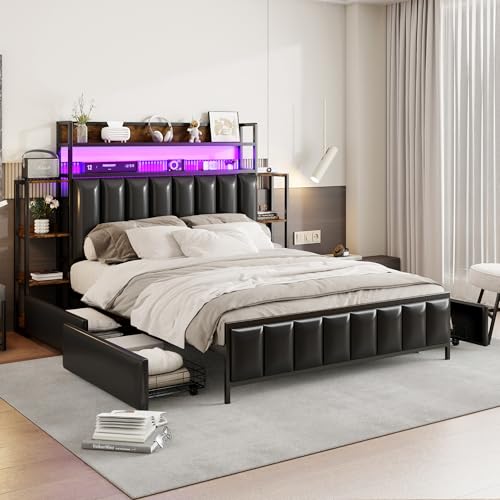 REXO Polsterbett 140 * 200 cm, Mit Mehreren Einlegeböden, Mit LED-Beleuchtung, Mit Ablagefächern, Kopfteil mit Stauraum, Bettrahmen aus Massivem Eisen, Doppelbett, Kunstleder-Bettdecke, Schwarz von REXO