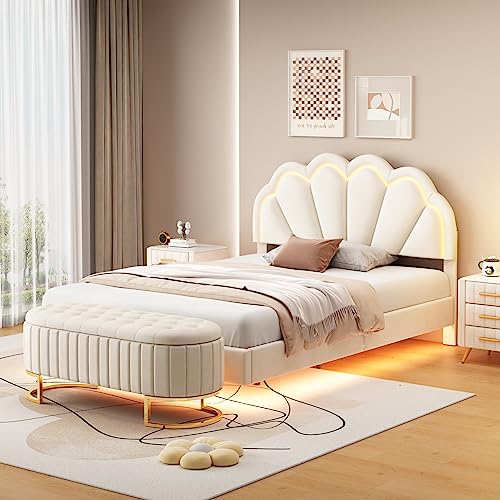 REXO Polsterbett 140 x 200 cm, mit verstaubarer Sofabank, gepolsterter schwebender Bettrahmen mit LED-Beleuchtung und einzigartigem Design des Kopfteils, Doppel-Flachbett-Gästebett, Samtstoff Beige von REXO