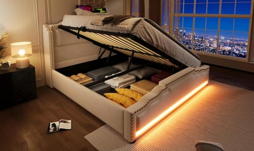 REXO Polsterbett 140x200 Doppelbett mit hydraulischem Stauraum LED-Beleuchtung USB-C-Ladeanschluss Lattenrost Samt Beige Mit Matratze REXO Polsterbett 140x200 Doppelbett mit hydraulischem Stauraum LED-Beleuchtung USB-C-Ladeanschluss Lattenrost Samt Beige Mit Matratze von REXO
