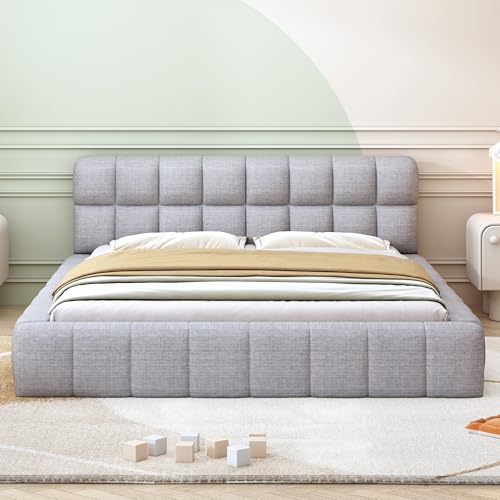 REXO Polsterbett 140x200cm, Jugendbett, Doppelbett mit weicher Rückenlehne, Flachbett mit Polsterumrandung, Lattenrost Leinen (Grau) von REXO