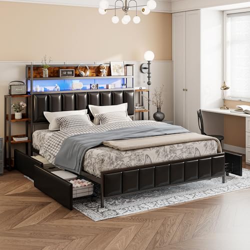 REXO Polsterbett 160 * 200 cm, Mit Mehreren Einlegeböden, Mit LED-Beleuchtung, Mit Ablagefächern, Kopfteil mit Stauraum, Bettrahmen aus Massivem Eisen, Doppelbett, Kunstleder-Bettdecke, Schwarz von REXO