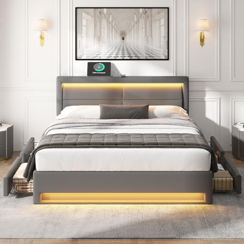 REXO Polsterbett 160 x 200 cm USB-Anschluss LED-Beleuchtung Vier Schubladen ohne Matratze PU-Litschi-Muster Grau von REXO