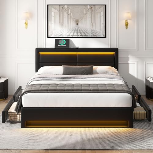 REXO Polsterbett 160 x 200 cm USB-Anschluss LED-Beleuchtung Vier Schubladen ohne Matratze PU-Litschi-Muster Schwarz von REXO