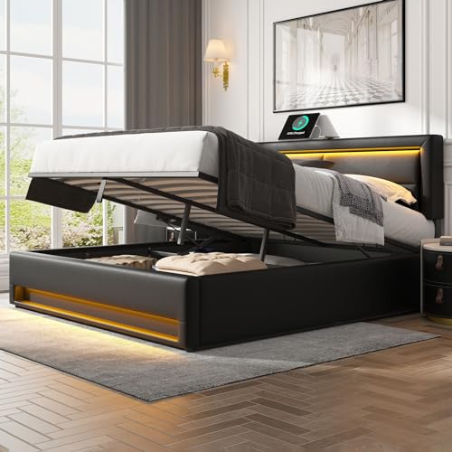 REXO Polsterbett 160 x 200 cm mit USB-Anschluss unterstützt kabelloses und kabelgebundenes Laden mit LED-Beleuchtung und Stauraum ohne Matratze PU-Litschi-Muster Schwarz REXO Polsterbett 160 x 200 cm mit USB-Anschluss unterstützt kabelloses und kabelgebundenes Laden mit LED-Beleuchtung und Stauraum ohne Matratze PU-Litschi-Muster Schwarz von REXO