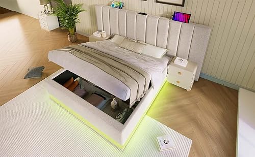 REXO Polsterbett 160×200, Doppelbett Stauraumbett mit App Control LED und USB-C Ladefunktion, Bettgestell mit Lattenrost, Leinen, Beige, Mit Matratze, Ohne Nachttisch von REXO