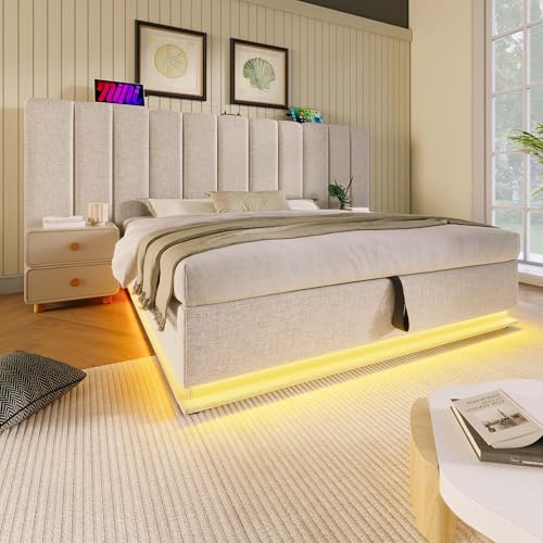 REXO Polsterbett 160×200, Doppelbett Stauraumbett mit App Control LED und USB-C Ladefunktion, Bettgestell mit Lattenrost, Leinen, Beige, Ohne Matratze und Nachttisch,Beige REXO Polsterbett 160×200, Doppelbett Stauraumbett mit App Control LED und USB-C Ladefunktion, Bettgestell mit Lattenrost, Leinen, Beige, Ohne Matratze und Nachttisch,Beige von REXO