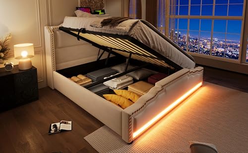 REXO Polsterbett 160x200 Doppelbett Mit Hydraulischem Stauraum LED-Beleuchtung USB-C-Ladeanschluss Lattenrost Samt Beige Mit Matratze von REXO