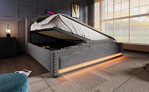 REXO Polsterbett 160x200 Grau Samt Mit Matratze Doppelbett Mit Hydraulischem Stauraum LED-Beleuchtung USB-C-Ladeanschluss Jugendbett Mit Lattenrost von REXO