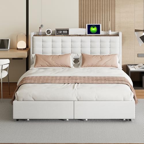 REXO Polsterbett 160x200 cm, Nachttisch mit USB-Ladeanschluss und Ablage, Doppelflachbett mit 4 Schubladen, Leinenstoff(Beige) von REXO