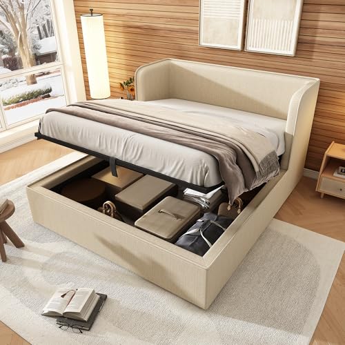 Polsterbett 180×200, Doppelbett Hydraulisch Stauraumbett mit Breite Seitenlehn und Abnehmbarer Bettrahmenbezug, Bettgestell mit Lattenrost und Stauraum, Leinen, Beige, Ohne Matratze Polsterbett 180×200, Doppelbett Hydraulisch Stauraumbett mit Breite Seitenlehn und Abnehmbarer Bettrahmenbezug, Bettgestell mit Lattenrost und Stauraum, Leinen, Beige, Ohne Matratze von REXO