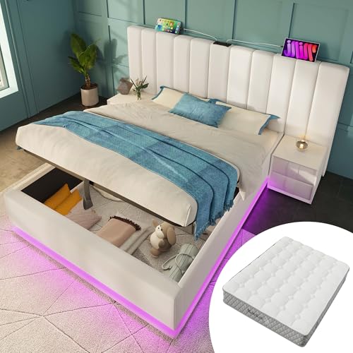 REXO Polsterbett 180×200 Doppelbett Stauraumbett mit LED App Control und USB-C Ladefunktion Bettgestell mit Lattenrost PU Weiß Mit Matratze von REXO