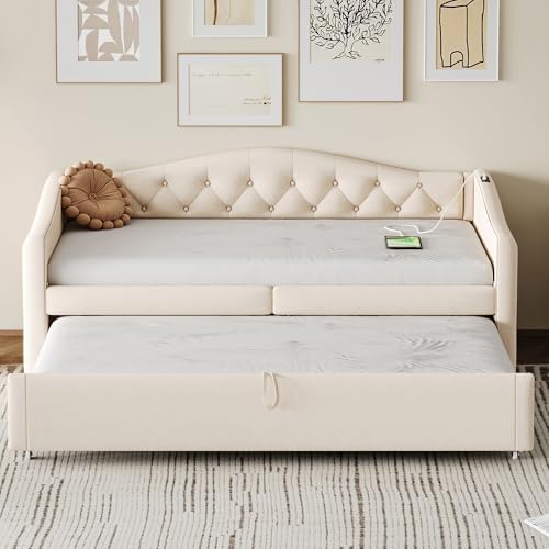 REXO Polsterbett Ausziehbares Schlafsofa, 90x200cm, Mit USB-Anschluss, Klassische Form mit Knöpfen mit Lattenrost, Multifunktionsbett - Gästebett, Leinenstoff(Matratze Nicht enthalten) (Beige) von REXO