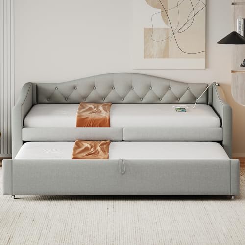 REXO Polsterbett Ausziehbares Schlafsofa, 90x200cm, Mit USB-Anschluss, Klassische Form mit Knöpfen mit Lattenrost, Multifunktionsbett - Gästebett, Leinenstoff(Matratze Nicht enthalten) (Grau) von REXO