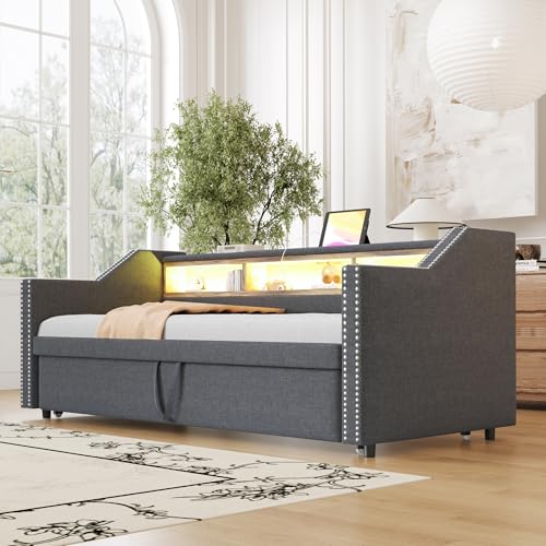 REXO Polsterbett Ausziehbares Schlafsofa 90/180 x 190 cm, Multifunktionales Staufach, LED-Licht und USB-Buchse, mit Lattenrost (Dunkelgrau) von REXO