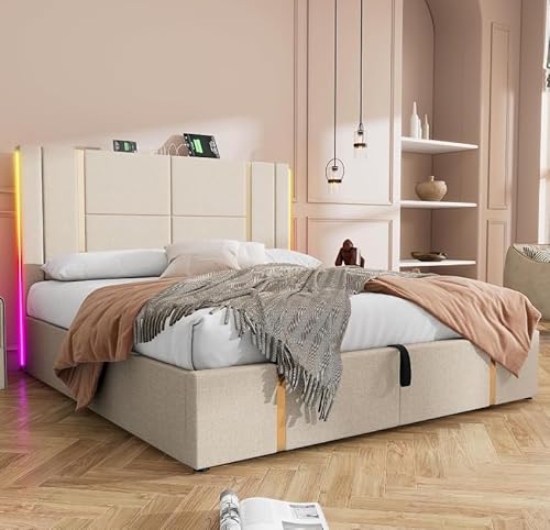 REXO Polsterbett Doppelbett 140×200 LED USB Type C Ladefunktion APP-Control Stauraumbetten Bettgestell Lattenrost Holz Beige Leinenmaterial Ohne Matratze von REXO
