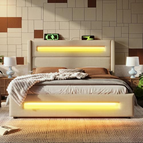 REXO Polsterbett Doppelbett 160x200 cm, Jugendbett mit LED, Stauraumbett mit hydraulischem Stauraum und USB Type-C Aufladen, Metallbettrahmen mit Holzlatten, Beige, Leinen, Mit Matratze. von REXO
