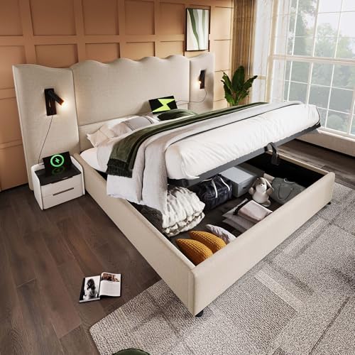 REXO Polsterbett Doppelbett 180×200 mit Leselampe und USB Type-C Ladefunktion, Stauraumbett Bettgestell mit Lattenrost aus Massivholz und Metall, Beige, Leinen (Ohne Matratze) von REXO