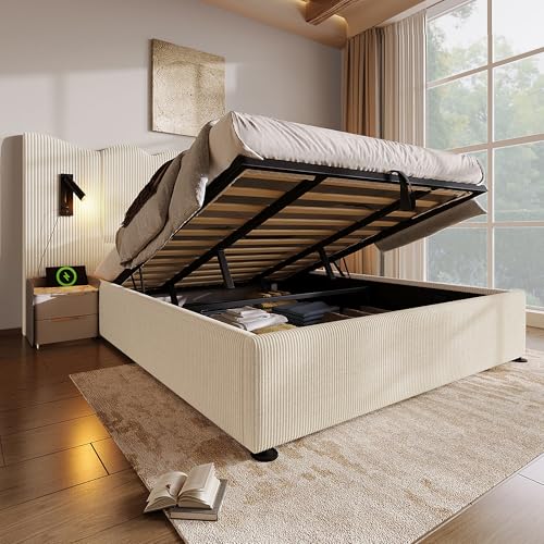 REXO Polsterbett Doppelbett 180×200 mit Leselampe und USB Type-C Ladefunktion, Stauraumbett Bettgestell mit Lattenrost aus Massivholz und Metall, Beige-Weiß, Cordstoff (Ohne Matratze) von REXO