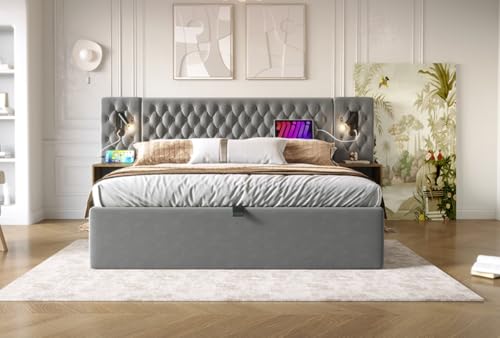 REXO Polsterbett Hydraulisch Stauraumbett 160×200 cm mit 2 Nachttischen, Kopfteil Leselicht USB Ladefunktion, Grau Samt mit Matratze von REXO