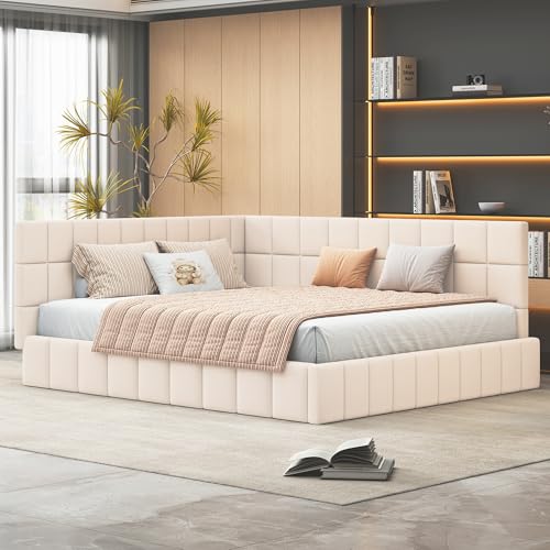 REXO Polsterbett Schlafsofa 160 * 200 Multifunktionsbett mit Lattenrost aus hautsympathischem Samtstoff Beige von REXO