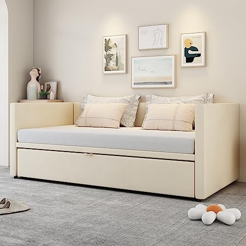 REXO Polsterbett Schlafsofa 90/180 * 200 cm Ausziehbares mit Lattenrosten, Multifunktionsbett aus hautfreundlichem Samtstoff Beige von REXO