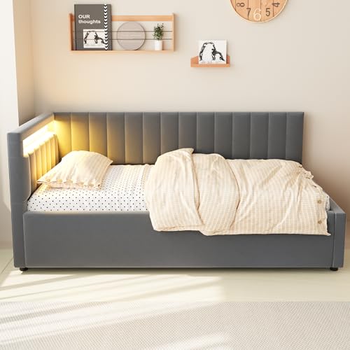 REXO Polsterbett Schlafsofa 90x200, mit LED-Beleuchtung und hydraulischem Stauraum, klassisches vertikales Streifendesign, seitliche Kopfteile mit austauschbaren Positionen. (Grau) von REXO