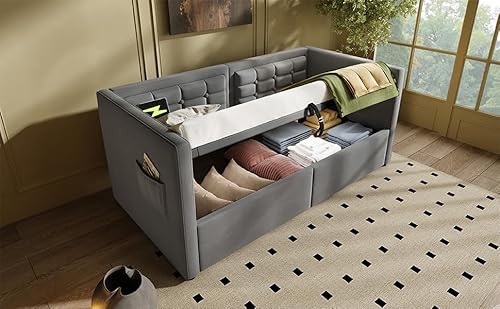 REXO Polstertes Sofabett 90x190 cm, Einzelbett Schlafsofa mit Hydraulischem Stauraum und USB & Type-C Ladestation, Gästebett mit Holzlattenrost, Grau, Samt, Ohne Matratze. REXO Polstertes Sofabett 90x190 cm, Einzelbett Schlafsofa mit Hydraulischem Stauraum und USB & Type-C Ladestation, Gästebett mit Holzlattenrost, Grau, Samt, Ohne Matratze. von REXO