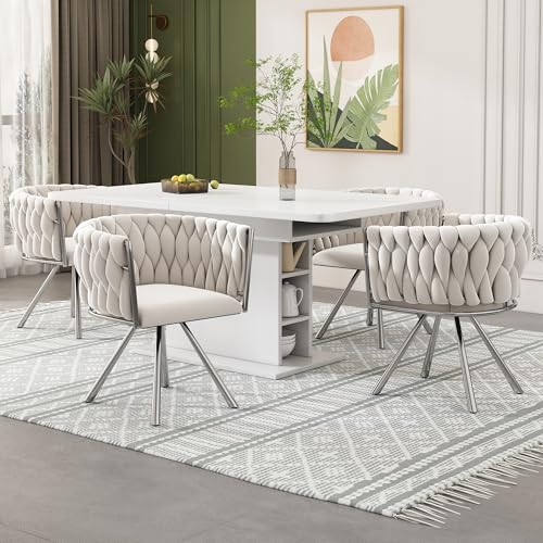 REXO Samt-Esszimmerstuhl, 2er Set, einzelner Heller Luxus-Wohnzimmer-Schlafzimmer-Drehstuhl, Freizeit-Drehstuhl mit Vier Stützbeinen aus Metall, beige+Silber von REXO