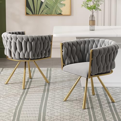 REXO Samt-Esszimmerstuhl, 2er Set, einzelner Heller Luxus-Wohnzimmer-Schlafzimmer-Drehstuhl, Freizeit-Drehstuhl mit Vier Stützbeinen aus Metall,Grau und Gold von REXO