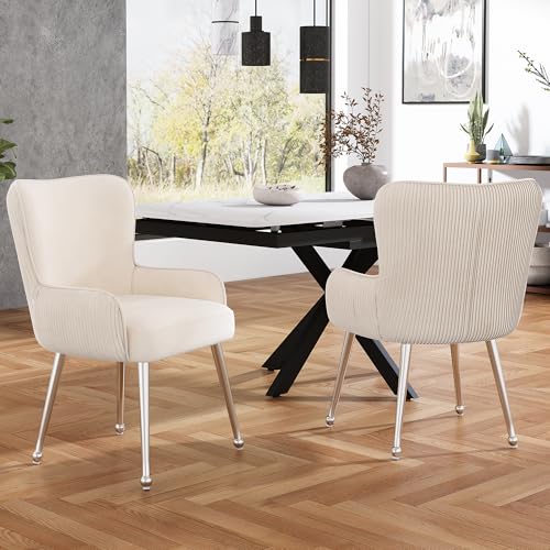 REXO Samt-Esszimmerstuhl, 2er-Set, luxuriös, Wohnzimmer, Schlafzimmer, Lounge-Stuhl mit Vier Silberne Metallstützbeinen, Mit Armlehnen und verstellbaren Füßen, Lendenwirbelstütze,Beige von REXO