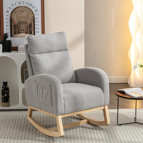 REXO Schaukelstuhl Mid Century Modern Gepolsterter Teddystoff Hellgrau 104.5x88x71cm Wohnzimmer Schlafzimmer von REXO