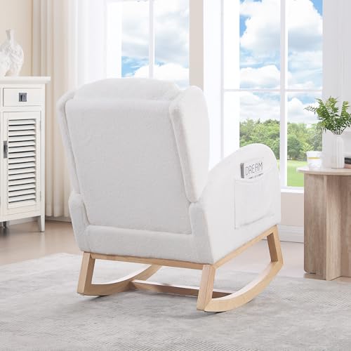 REXO Schaukelstuhl Stillstuhl Lounge-Sessel Holzgestell Verstellbare Fußstütze Hohe Rückenlehne Teddy-Stoff Mit Tasche Bequemer Akzentstuhl Schlafzimmer Wohnzimmer Weiß von REXO