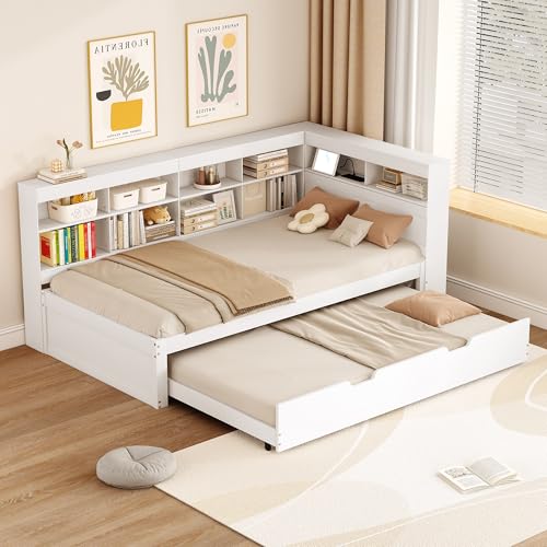 REXO Schlafsofa 90 * 200, Ausziehbares Bett 90 * 190 mit USB-Steckdose und Mehreren Ablagefächern, Massivholzbett, Einzelbett, Holz-Multifunktionsbett, Weiß. von REXO