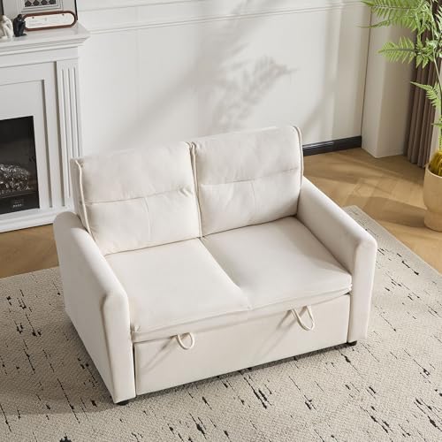 REXO Schlafsofa mit Schlaffunktion Modernes 2-Sitzer Sofa/Faltbares Schlafsofa mit Ausziehfunktion/Verstellbare Rückenlehne/Inklusive großer Rückenkissen/Platzsparend für kleine Wohnzimmer (Weiß) von REXO