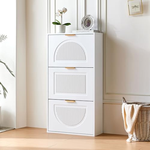 REXO Schuhkipper Schmal mit 3 Klappen, Schuhschrank, Schuhschrank Weiss Schuhkommode für Flur Wohnzimmer,Maße:60 x 24 x 114cm REXO Schuhkipper Schmal mit 3 Klappen, Schuhschrank, Schuhschrank Weiss Schuhkommode für Flur Wohnzimmer,Maße:60 x 24 x 114cm von REXO