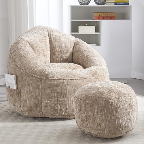 REXO Sitzsack Sofa Stuhl Hochdruck Schaumstoff Sitzsack Stuhl Erwachsene Material mit gepolsterten Schaumstoffpolsterung komprimiert Sitzsack mit Fußstütze (Khaki) von REXO