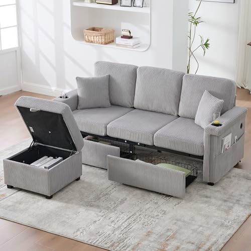 REXO Sofa Samt LED-Beleuchtung USB-C Hellgrau mit Stauraum-Fußteil Getränkehalter Seitentaschen Wohnzimmer Schlafzimmer Büro REXO Sofa Samt LED-Beleuchtung USB-C Hellgrau mit Stauraum-Fußteil Getränkehalter Seitentaschen Wohnzimmer Schlafzimmer Büro von REXO