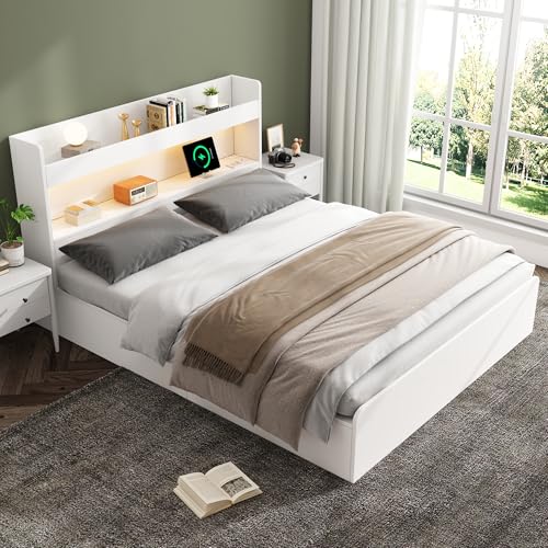 REXO Stauraumbett 140x200cm, Doppelbett, Massivholzbett, mit USB-Anschluss und Steckdose, mit LED-Beleuchtung, mit Schubladenaufbewahrung, mit Stauraum, ohne Matratze, Weiß REXO Stauraumbett 140x200cm, Doppelbett, Massivholzbett, mit USB-Anschluss und Steckdose, mit LED-Beleuchtung, mit Schubladenaufbewahrung, mit Stauraum, ohne Matratze, Weiß von REXO
