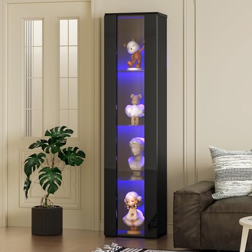 REXO multifunktionale Vitrine,40x29x170cm Glastrennwand, LED-Farbwechsellicht, Fernbedienung/App-Einstellung, Acrylplatte, Schlichtes Design, Schwarz von REXO