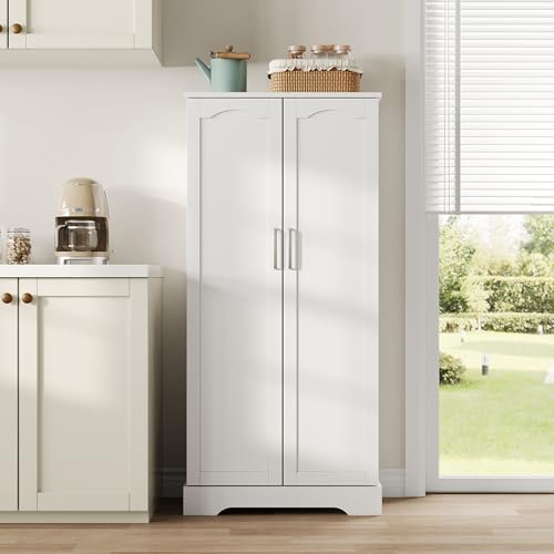 REXO multifunktionaler Küchenschrank weiß mit LED-Sensorleuchte höhenverstellbaren Einlegeböden Doppeltür mit Staufach Kippschutzvorrichtung geeignet für Küche Wohnzimmer und Esszimmer von REXO