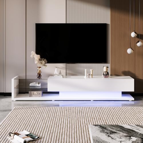 REXO niedrige Paneele, TV-Schränke, hochglänzende weiße Glastrennwände und Variable LED-Beleuchtung. Es verbindet natürlichen, rustikalen Stil mit modernem Design. (Weiß) von REXO