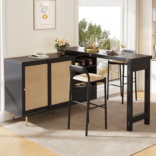 Um 360° drehbarer Stehtisch (Hauptkörper: 107 x 40 x 71,4cm), Stehtisch mit erweiterbarem Design, Aufbewahrungsschrank mit Rattantür + offenes Lagerregal, geeignet für Küche und Esszimmer (Schwarz) von REXO