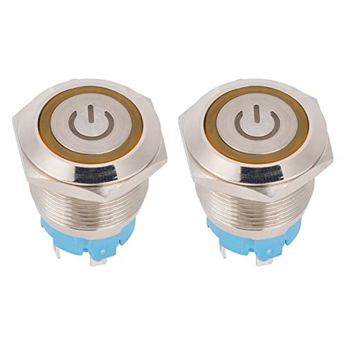 2Pcs 19mm Push Button Switch | 4 - Pin Stainless Steel Shell with Illumination | IP65 Weatherproof 12-24VDC | Round Flat Head for Industrial/Automotive/Control Panel (Yellow) von REXVTNS