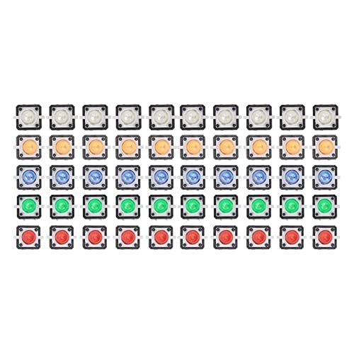 50Pcs Tactile Push Button Switch with LED | 5 Colors (Red/Yellow/Blue/Green/White) | Momentary Resettable for DIY Electronics/Control Panels | DC 12V, 50mA Rated Current von REXVTNS