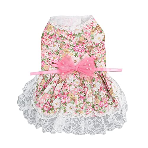 Floral Dog Dress with Bowknot | Soft Breathable Puppy Dress for Weddings/Birthday Parties/Daily Use | Stylish Pet Apparel for Small Dogs | Pink (S) von REXVTNS