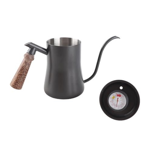 Gooseneck Coffee Kettle 550ml | Pour Over Coffee Maker with Thermometer | Accurate Flow Control for Chemex/Drip Cone/French Press | Stainless Steel & Beech Wood Handle (Black (thermometer)) von REXVTNS