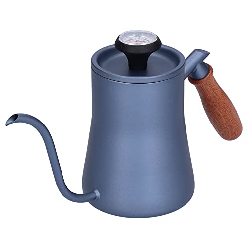 Gooseneck Coffee Kettle 550ml | Pour Over Coffee Maker with Thermometer | Accurate Flow Control for Chemex/Drip Cone/French Press | Stainless Steel & Beech Wood Handle (Blue (thermometer)) von REXVTNS